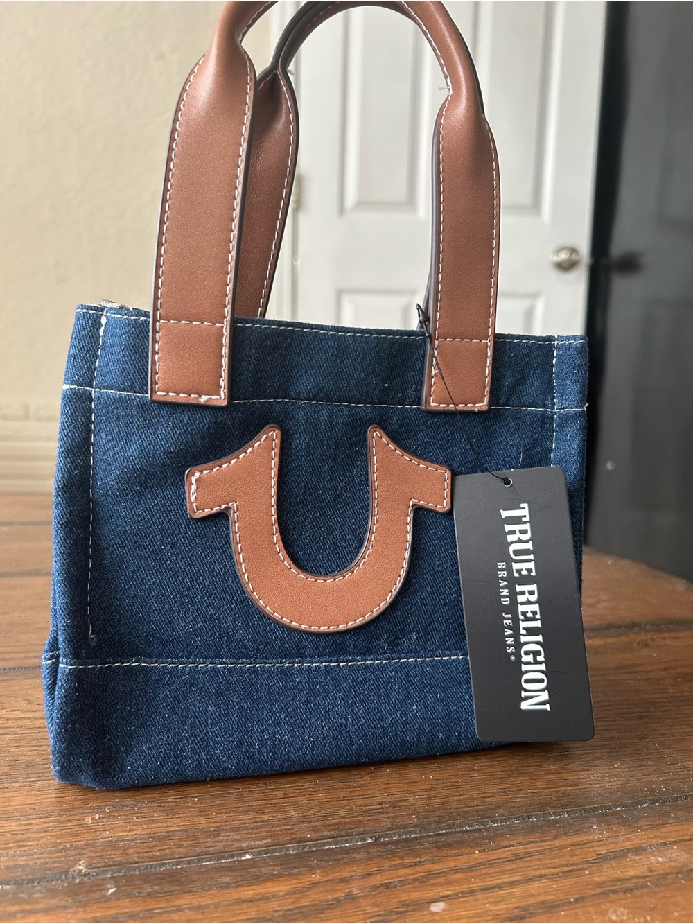 NWT True Religion Retro Horseshoe Denim Mini Tote Crossbody Bag Dark Wash Blue